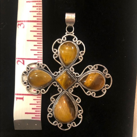 Sterling Silver, Tiger Eye Cross Pendant - Picture 2 of 5